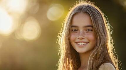 Naklejka premium Young woman’s serene portrait, natural light, soft focus background, timeless elegance.