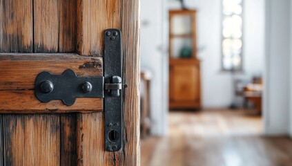 Obraz premium Rustic Wooden Door with Antique Black Metal Hardware