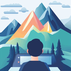 Obraz premium A vector of a person video conferencing with a virtual mountain backdrop