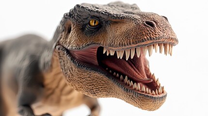 Obraz premium Close-up of a fierce T-Rex figurine with sharp teeth, capturing its menacing essence and primal power.