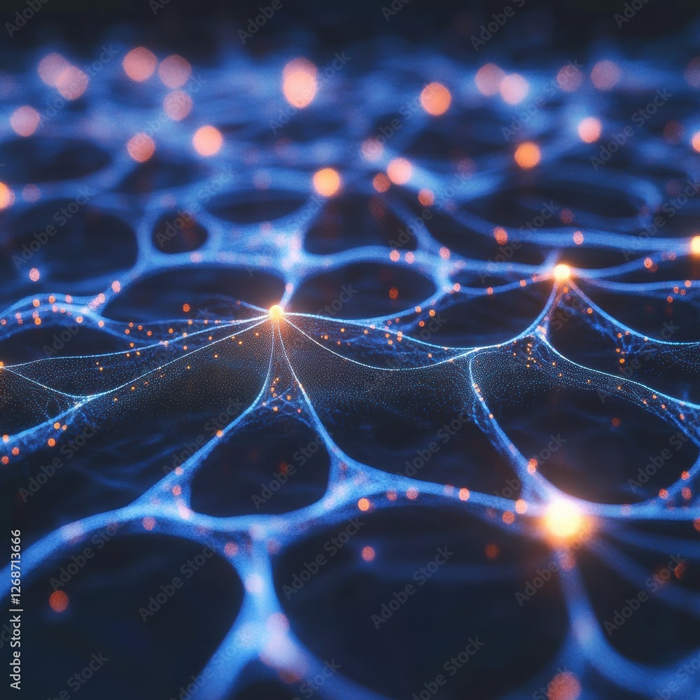 Poster Abstract representation of interconnected nodes and pathways in a digital network glowing in blue and orange hues. Generative AI