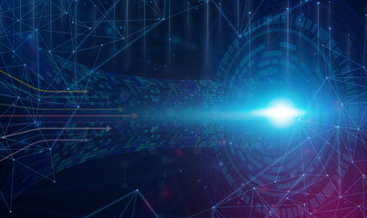 Digital Data Stream: Abstract visualization of a high-speed data stream, showcasing a dynamic flow of information with glowing blue energy pulses and intricate network connections.