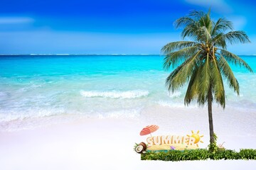 Tropical Beach Paradise: A picturesque scene of a palm tree standing tall on a pristine white sand beach, with crystal-clear turquoise waters gently lapping the shore under a vibrant blue sky.