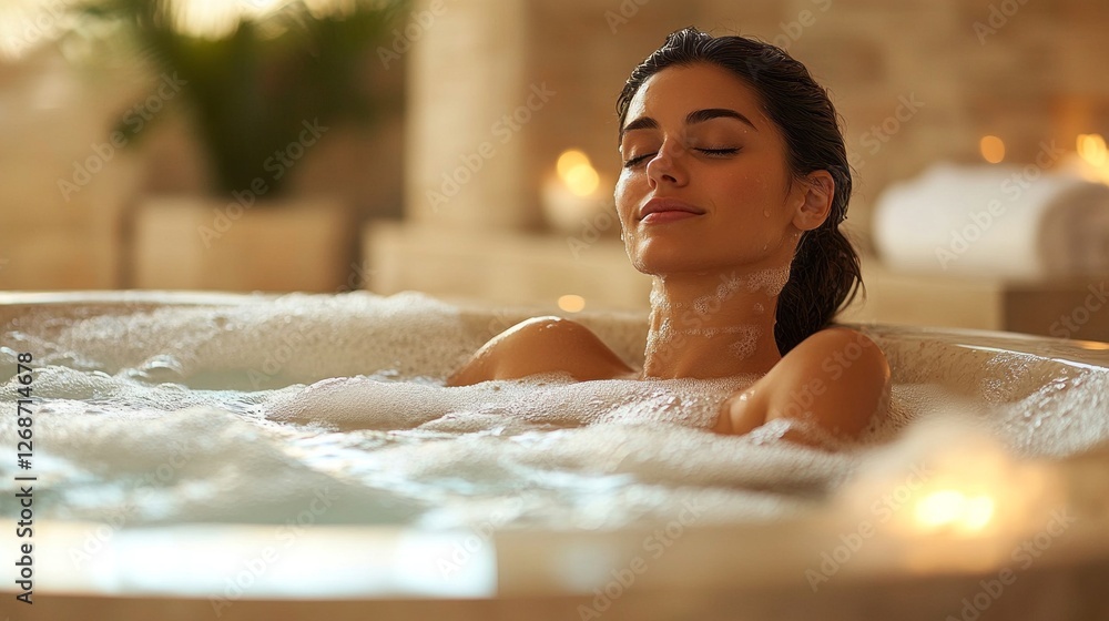 Poster a woman enjoys a tranquil moment in a luxurious bathtub filled with bubbles while surrounded by calm