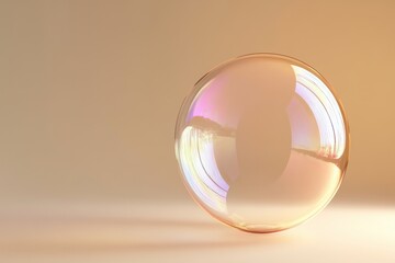 Spherical iridescent bubble reflects light on a pale background