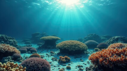 Fototapeta premium Underwater view of a coral reef with sunlight rays filtering through clear ocean 