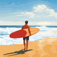 A vector of a surfer carrying a board on a sunny beach