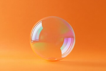 A single iridescent bubble rests on an orange surface