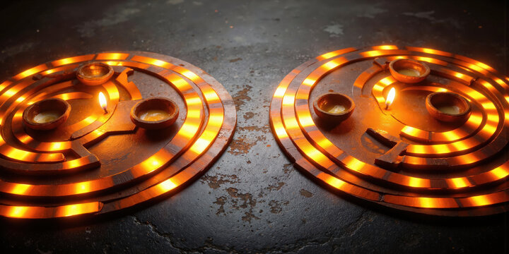 Circular motifs inspired by Diwali diyas form concentric rings of orange and yellow light, glowing warmly against a charcoal-gray base;