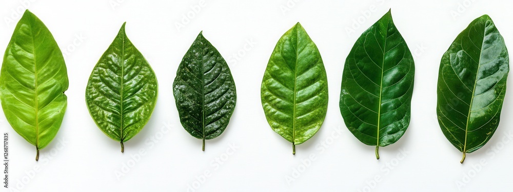 Poster gradient of green leaves displaying diverse shapes and textures on a light background
