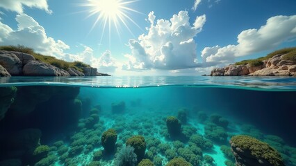 Fototapeta premium Split view of a coral reef underwater and a dramatic sky with sun above ocean 