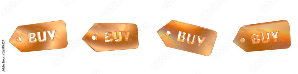 Poster set of 4 3d buy solid label shapes with golden and rainbow effects isolated on a transparent backgro