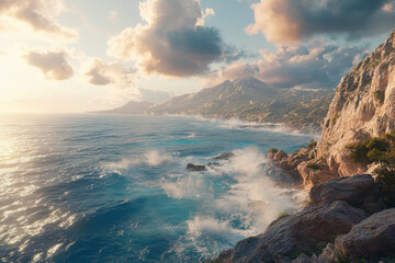 Beautiful coastal view at sunset with crashing waves and rocky cliffs