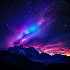 Naklejka premium Majestic Night Sky Landscape with Milky Way Galaxy and Mountain Range - Stunning Starry Cosmos, Nebula, Space Scene, Dark Blue Purple Pink Colors, Serene Nature Scenery, Astronomical Vista