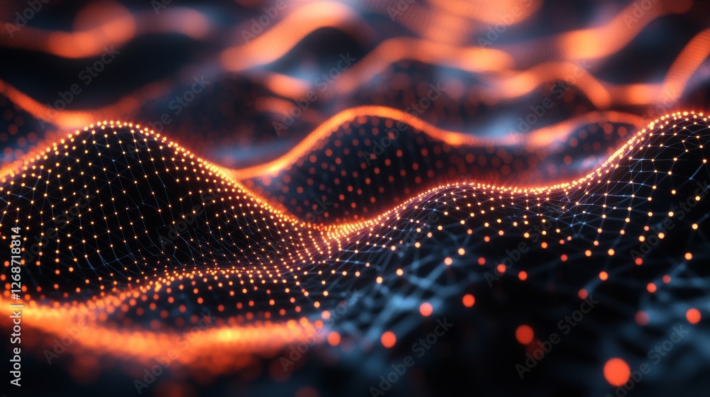 Poster Digital landscape with glowing dots creating wave patterns in dark surroundings. Generative AI