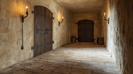 Obraz premium Interior View of a Medieval Hallway with Wooden Doors and Lighting