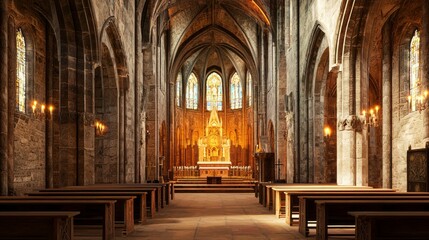 Fototapeta premium Serene Interior of a Medieval Stone Chapel with Wooden Pews