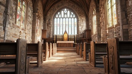 Obraz premium Medieval Chapel Interior with Stone Pews and Stained Glass Windows
