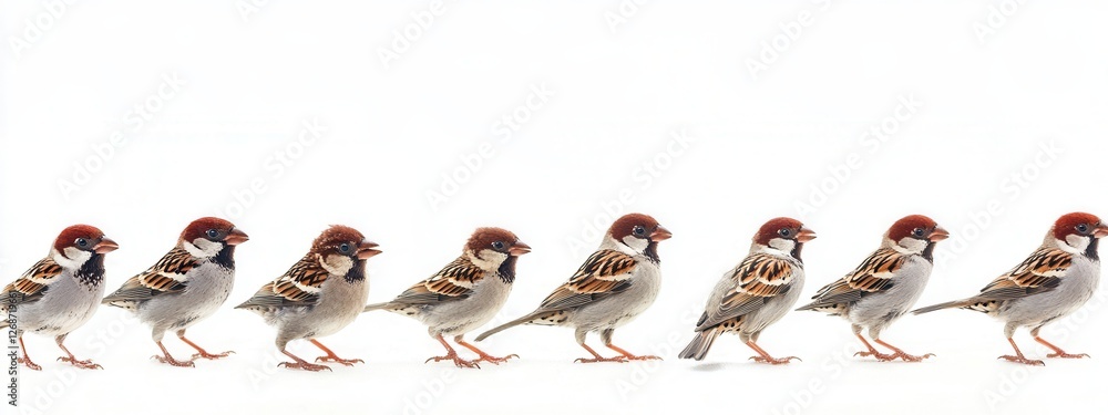 Poster line of sparrows displaying feathers and unique colors on a white background