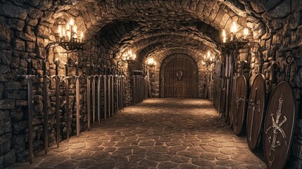 Fototapeta premium Medieval Armory Interior with Rows of Shields and Swords