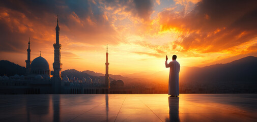 A devoted Muslim in prayer framed by majestic arches symbolizes faith, spirituality, and inner peace, reflecting deep connection and worship. and spiritual balance in Islam