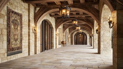 Obraz premium Elegant Medieval Hallway with Candle Sconces and Stone Walls