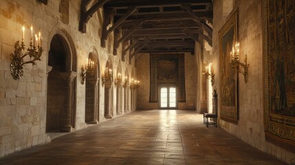 Fototapeta premium Serene Medieval Hallway with Candle Sconces and Stone Walls