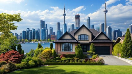Luxury Home Overlooking Toronto Skyline. Modern Architecture, Lush Landscaping, And Cityscape Blend Together.