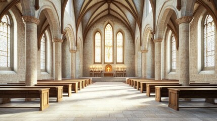 Fototapeta premium Beautiful Medieval Chapel Interior with Tall Arched Windows