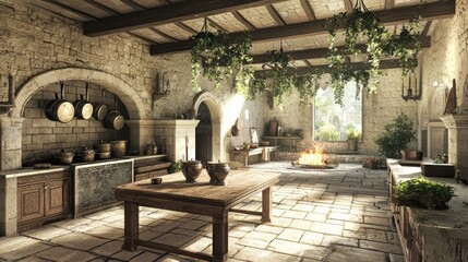 Naklejka premium Large Medieval Kitchen With Stone Walls and Wooden Elements