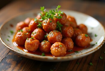 Fototapeta premium Meat balls in tomato sauce served dill 