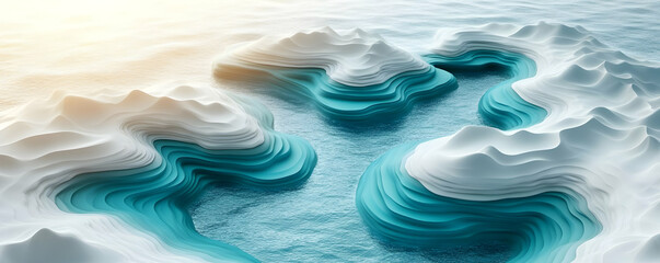 Abstract 3D Landscape: Teal Waters and White Peaks