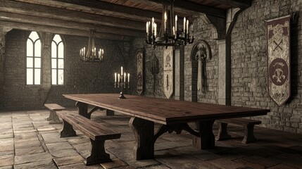 Medieval Dining Room with Long Table and Candlelight Charm