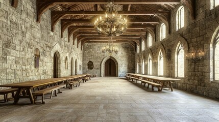 Fototapeta premium Medieval Stone Hall with Arched Windows and Wooden Beams