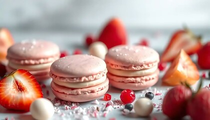 Fototapeta premium Delicate pink macarons with fresh berries displayed elegantly together