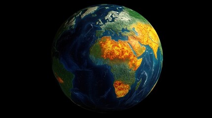 A 3D model of Earth with a visible heat map, showing the rising temperatures and increasing wildfires across continents, illustrating global warming