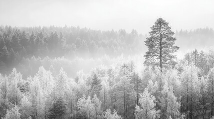 A forest background image showcasing a black-and-white photograph of an expansive Scandinavian forest, with tall trees covered in frost against the backdrop of a hazy sky