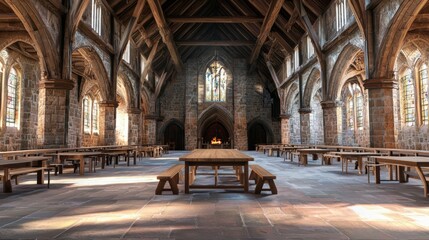 Obraz premium Majestic Medieval Great Hall with Towering Arches and Wooden Tables