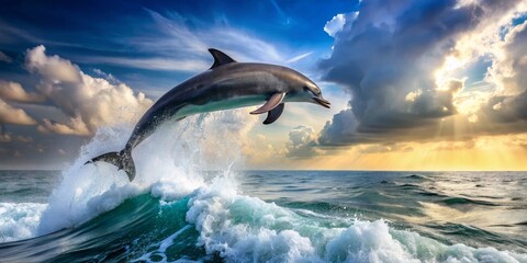 Dolphin Leaping Through Waves Under Dramatic Sky at Sunset