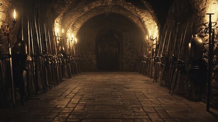 Fototapeta premium Medieval Armory Interior with Rows of Armor and Weapons