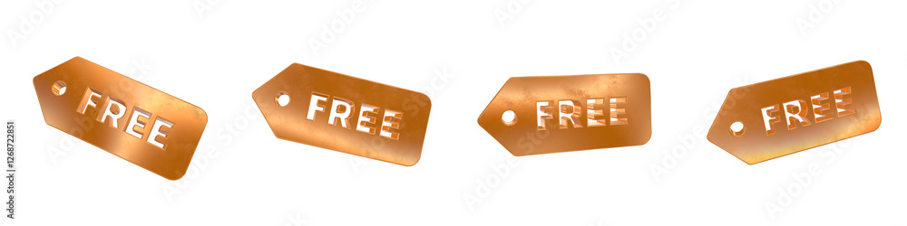Poster set of 4 3d free solid label shapes with golden and rainbow effects isolated on a transparent backgr