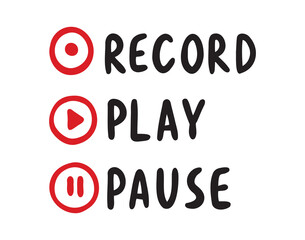Record, play and pause words lettering hand drawn font signs set. Sticker for social media post. Record play pause doodle signs 