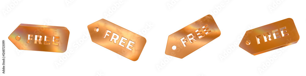 Poster set of 4 3d free solid label shapes with golden and rainbow effects isolated on a transparent backgr