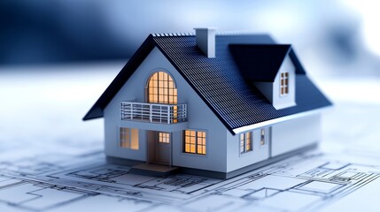 A detailed model house sits on architectural blueprints, highlighting the essence of home design and construction.