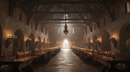 Obraz premium Grand Medieval Hall with Long Wooden Tables and Soft Lighting