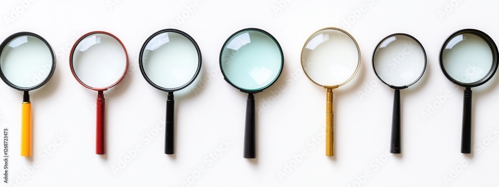Poster collection of magnifying glasses with different styles and colors on a light background
