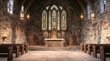 Interior View of a Medieval Chapel with Stunning Stained Glass Windows