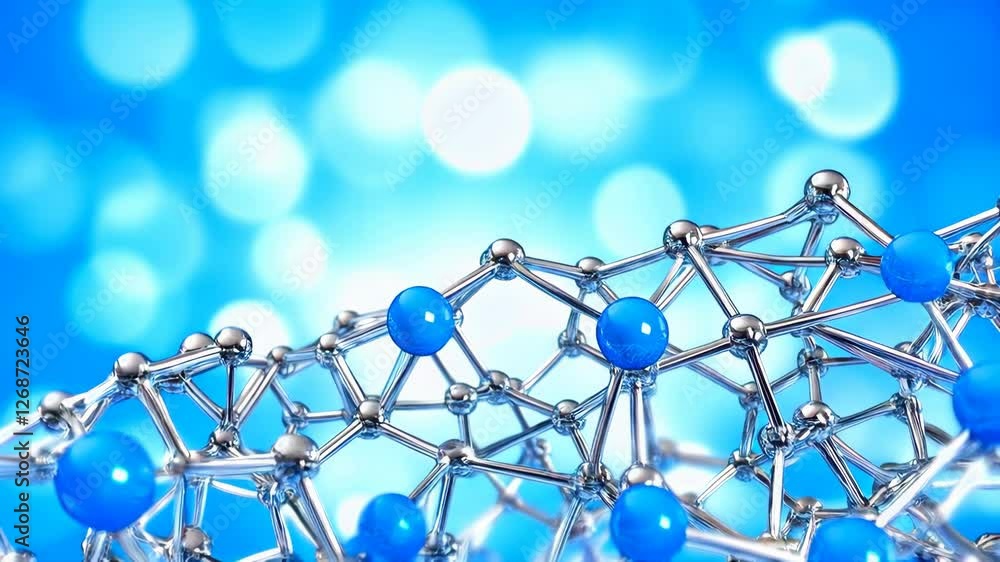 Poster abstract 3d rendering of a molecule model with blue spheres and silver rods against a bokeh backgrou
