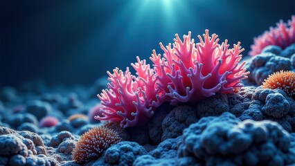 Obraz premium Close-up of glowing underwater coral with bioluminescent anemones in deep sea 