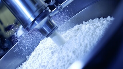 Powder Industrial Process, White Product Filling From Stainless Steel Equipment Into Hopper. Pharmaceutical, Food Or Chemical Industry.